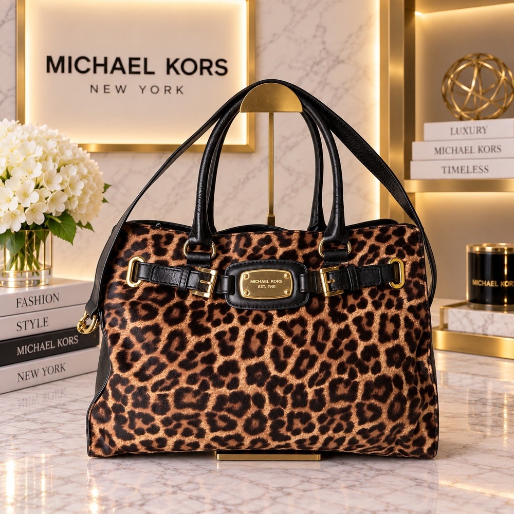 Michael Kors Hamilton Cheetah Print Haircalf Leather Satchel Bag Black Gold